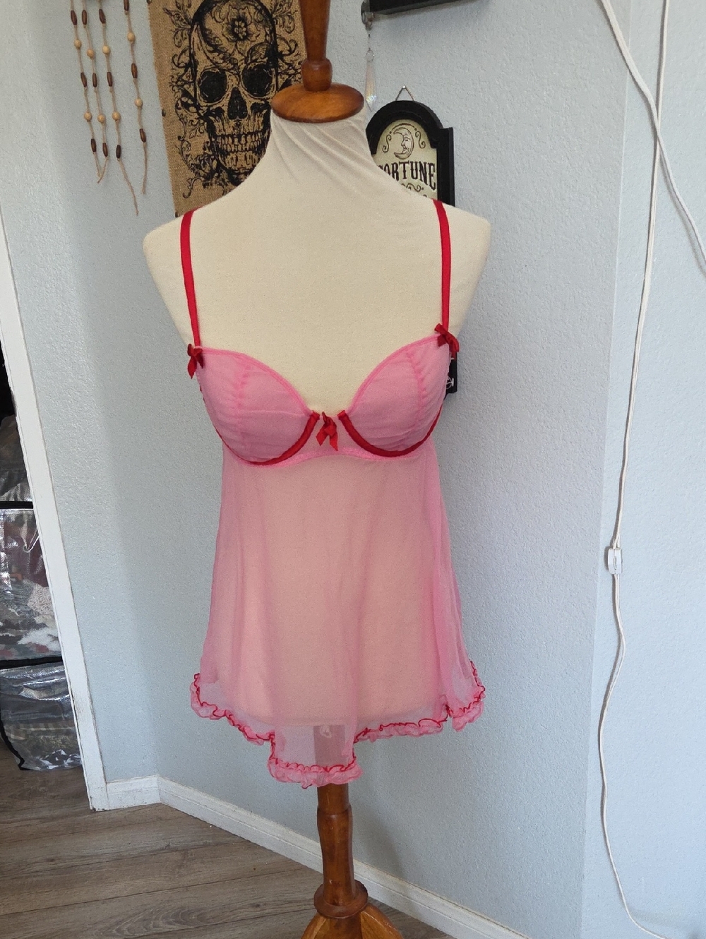 Inner Secrets Sheer Pink Chemise with Red Trim and Bow Accents Medium